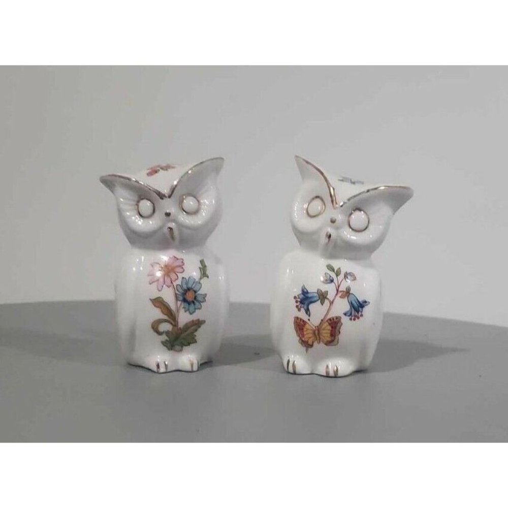 Vintage Aynsley Bone China Floral Owl Salt and Pepper shakers